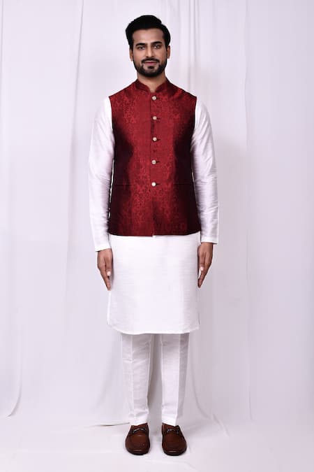Shop_Arihant Rai Sinha_Maroon Jacquard, Silk Embroidery Floral Woven Bundi Kurta Set _Online_at_Aza_Fashions