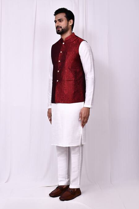 Buy_Arihant Rai Sinha_Maroon Jacquard, Silk Embroidery Floral Woven Bundi Kurta Set 