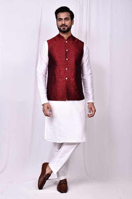 Shop_Arihant Rai Sinha_Maroon Jacquard, Silk Embroidery Floral Woven Bundi Kurta Set 