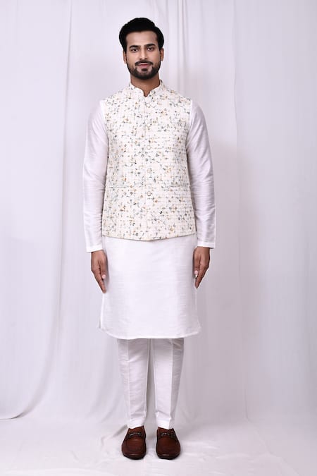 Shop_Arihant Rai Sinha_Cream Silk Embroidery Botanic Print Bundi Kurta Set_Online_at_Aza_Fashions