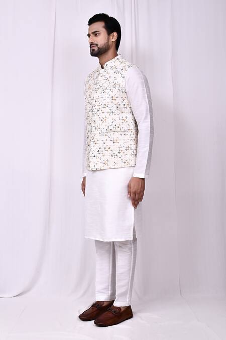 Arihant Rai Sinha_Cream Silk Embroidery Botanic Print Bundi Kurta Set_at_Aza_Fashions