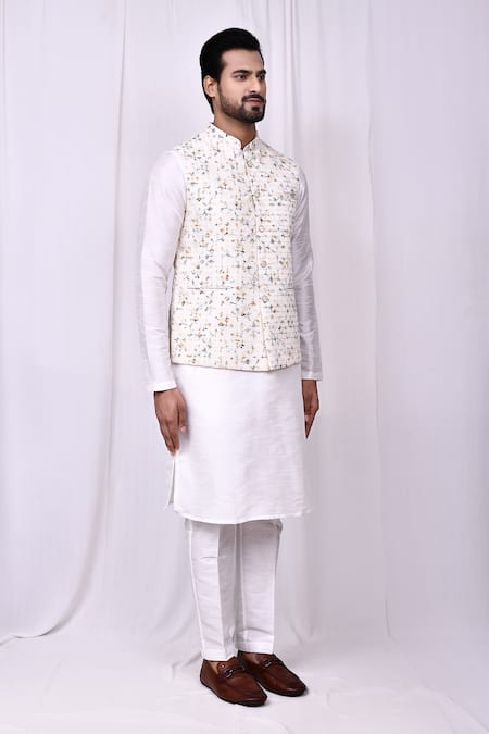 Buy_Arihant Rai Sinha_Cream Silk Embroidery Botanic Print Bundi Kurta Set
