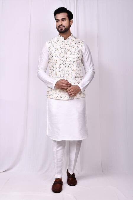 Shop_Arihant Rai Sinha_Cream Silk Embroidery Botanic Print Bundi Kurta Set