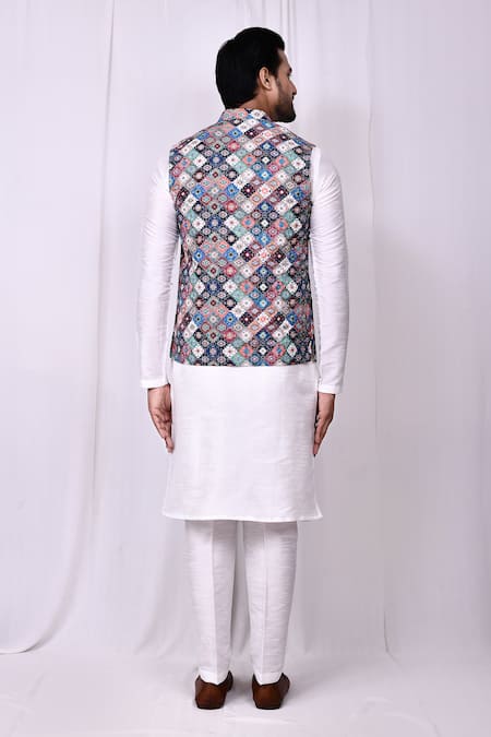 Shop_Arihant Rai Sinha_Multi Color Cotton, Silk Geometric Mosaic Printed Bundi Kurta Set _at_Aza_Fashions