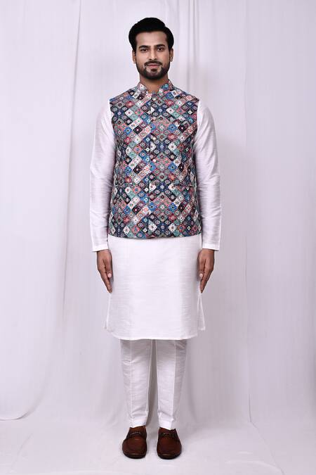 Shop_Arihant Rai Sinha_Multi Color Cotton, Silk Geometric Mosaic Printed Bundi Kurta Set _Online_at_Aza_Fashions