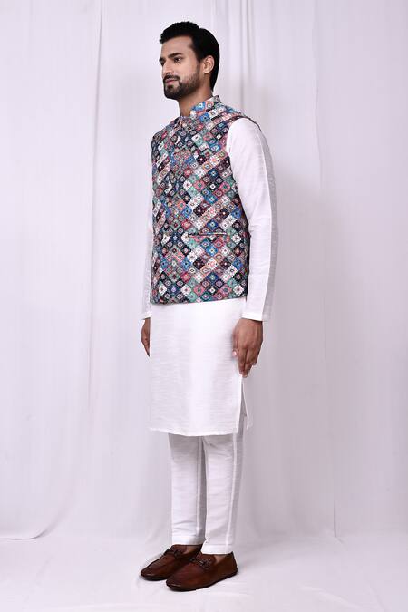 Arihant Rai Sinha_Multi Color Cotton, Silk Geometric Mosaic Printed Bundi Kurta Set _at_Aza_Fashions