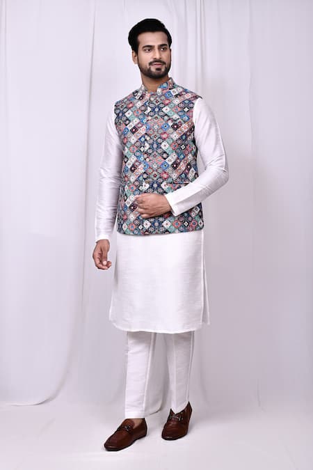 Shop_Arihant Rai Sinha_Multi Color Cotton, Silk Geometric Mosaic Printed Bundi Kurta Set 