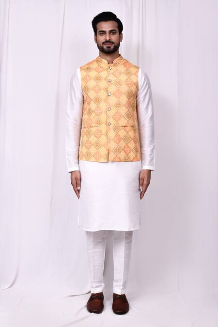Shop_Arihant Rai Sinha_Orange Georgette, Silk Metallic Thread Geometric Bandhani Print Bundi Kurta Set _Online_at_Aza_Fashions