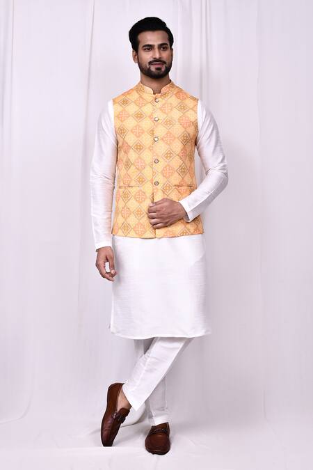 Shop_Arihant Rai Sinha_Orange Georgette, Silk Metallic Thread Geometric Bandhani Print Bundi Kurta Set 