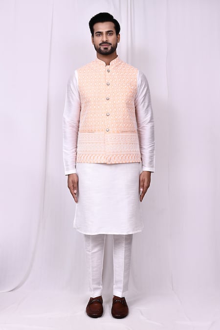 Shop_Arihant Rai Sinha_Orange Cotton, Silk Embroidery Geometric Bundi Kurta Set _Online_at_Aza_Fashions