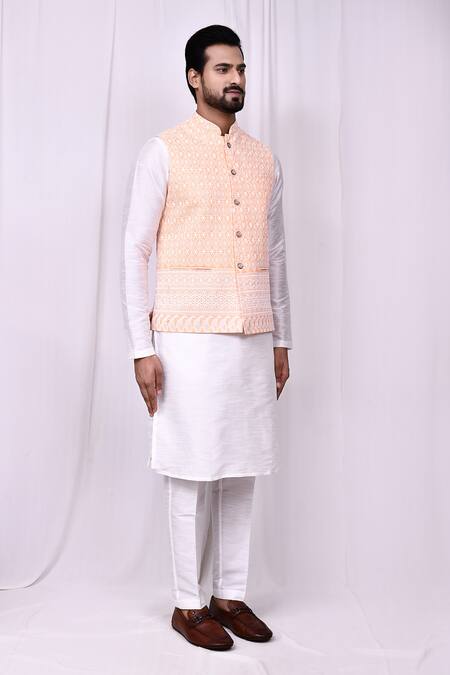 Buy_Arihant Rai Sinha_Orange Cotton, Silk Embroidery Geometric Bundi Kurta Set 