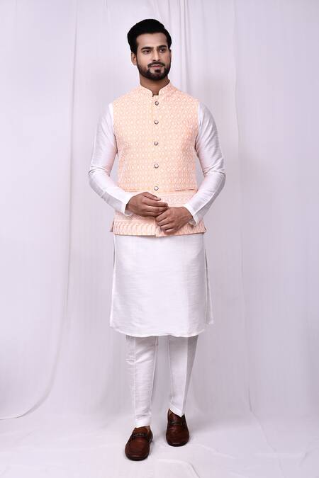 Shop_Arihant Rai Sinha_Orange Cotton, Silk Embroidery Geometric Bundi Kurta Set 