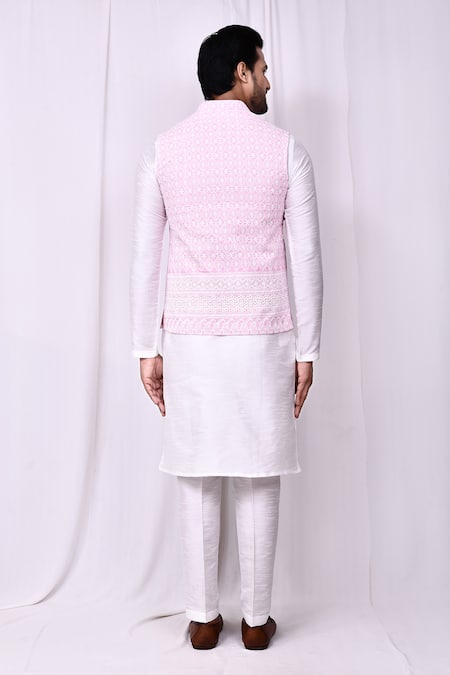 Shop_Arihant Rai Sinha_Pink Cotton, Silk Embroidery Thread Bundi Kurta Set _at_Aza_Fashions
