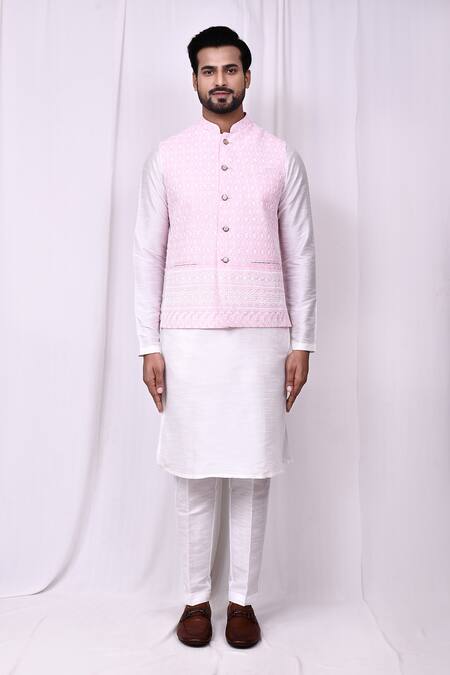 Shop_Arihant Rai Sinha_Pink Cotton, Silk Embroidery Thread Bundi Kurta Set _Online_at_Aza_Fashions