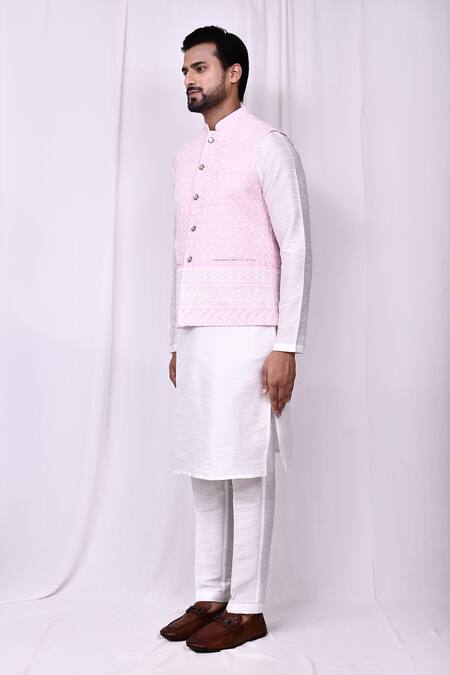 Arihant Rai Sinha_Pink Cotton, Silk Embroidery Thread Bundi Kurta Set _at_Aza_Fashions