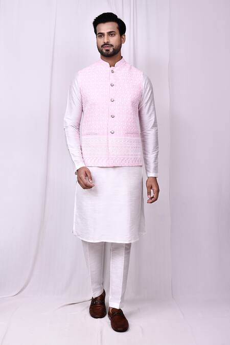 Shop_Arihant Rai Sinha_Pink Cotton, Silk Embroidery Thread Bundi Kurta Set 