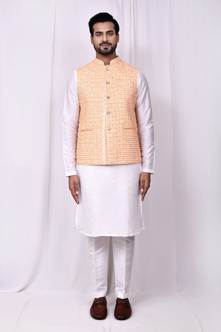 Shop_Arihant Rai Sinha_Orange Cotton, Silk Embroidery Geometric Jaal Bundi Kurta Set _Online_at_Aza_Fashions