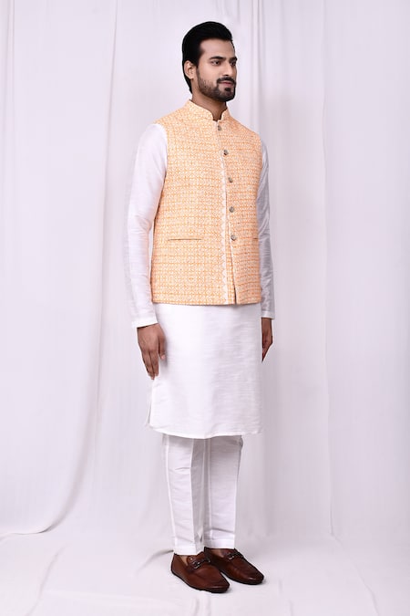 Buy_Arihant Rai Sinha_Orange Cotton, Silk Embroidery Geometric Jaal Bundi Kurta Set 