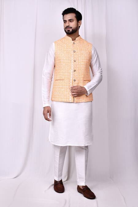 Shop_Arihant Rai Sinha_Orange Cotton, Silk Embroidery Geometric Jaal Bundi Kurta Set 