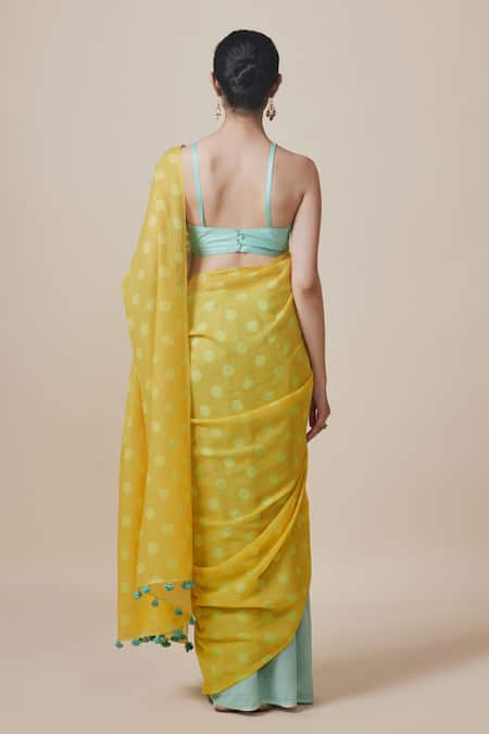 Dressfolk Polka Dot Aqua Blue Saree with Running Blouse 
