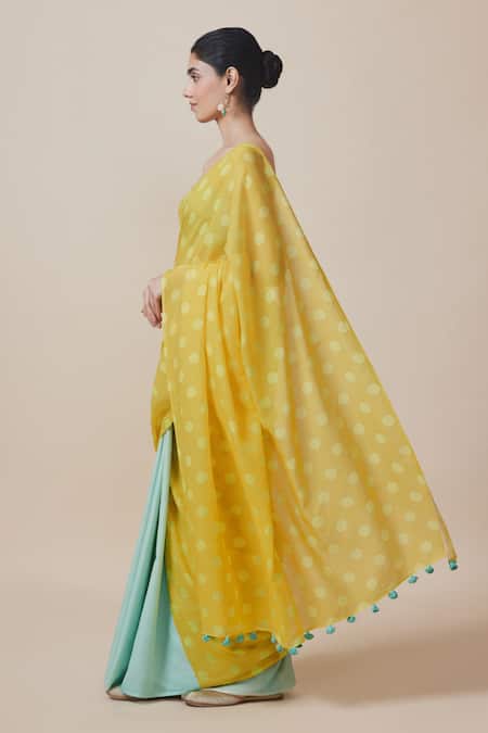 Dressfolk_Aqua Handloom Cotton Tassels Polka Dot Blue Saree With Running Blouse _Online_at_Aza_Fashions