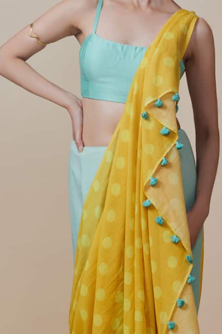 Dressfolk_Aqua Handloom Cotton Tassels Polka Dot Blue Saree With Running Blouse _at_Aza_Fashions