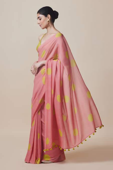Dressfolk_Pink Handloom Cotton Tassels Polka Dot Saree With Running Blouse_Online_at_Aza_Fashions