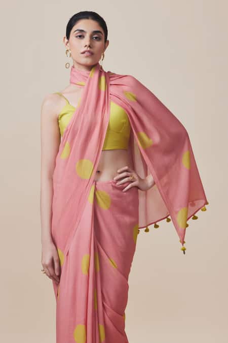 Buy_Dressfolk_Pink Handloom Cotton Tassels Polka Dot Saree With Running Blouse_Online_at_Aza_Fashions