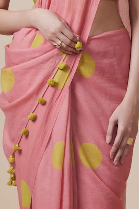 Shop_Dressfolk_Pink Handloom Cotton Tassels Polka Dot Saree With Running Blouse_Online_at_Aza_Fashions
