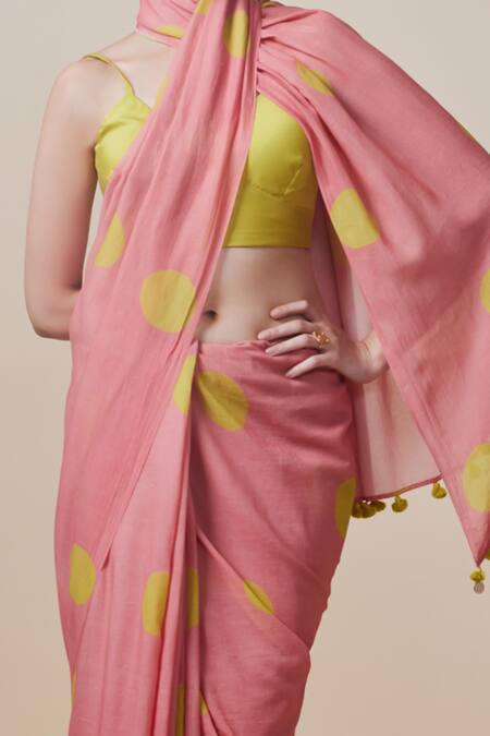 Dressfolk_Pink Handloom Cotton Tassels Polka Dot Saree With Running Blouse_at_Aza_Fashions