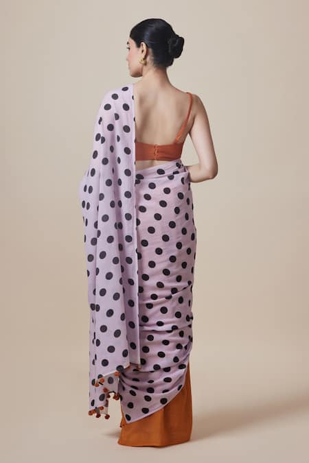 Dressfolk Orange Polka Dot Handloom Cotton Saree with Running Blouse 