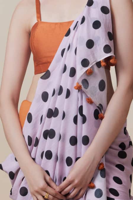 Dressfolk_Orange Handloom Cotton Tassels Polka Dot Saree With Running Blouse _Online_at_Aza_Fashions