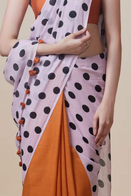 Buy_Dressfolk_Orange Handloom Cotton Tassels Polka Dot Saree With Running Blouse _Online_at_Aza_Fashions