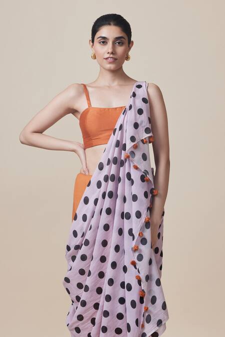 Dressfolk_Orange Handloom Cotton Tassels Polka Dot Saree With Running Blouse _at_Aza_Fashions
