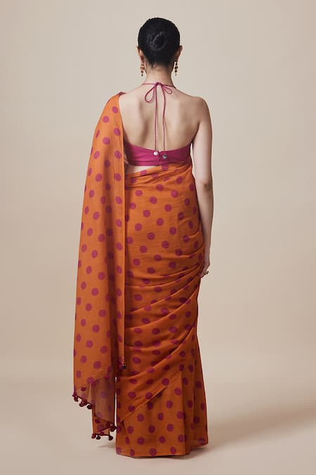 Dressfolk Orange Polka Dot Handloom Saree with Running Blouse 