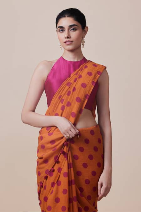 Dressfolk_Orange Handloom Cotton Tassels Polka Dot Saree With Running Blouse _Online_at_Aza_Fashions