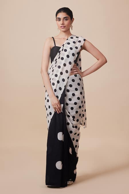 Dressfolk Color Block Polka Dot Pattern Saree With Unstitched Blouse Piece 