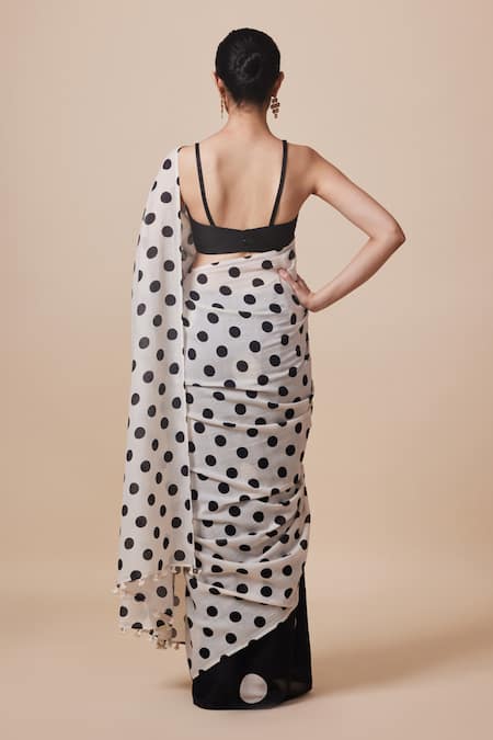 Dressfolk Black Polka Dot Handloom Cotton Saree with Running Blouse 