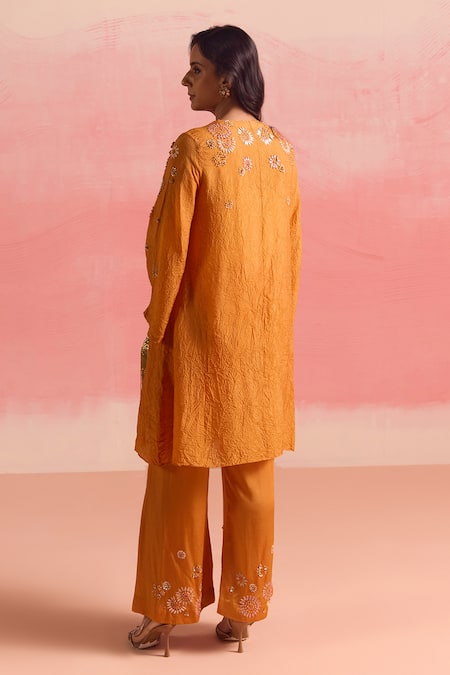 Shop One Not Two Orange Silk, Cotton, Satin Sequins, Crystals, Buti Asymmetric Kurta And Pant Set at Aza Fashions Shop_One Not Two_Orange Silk, Cotton, Satin Sequins, Crystals, Buti Asymmetric Kurta And Pant Set _at_Aza_Fashions
