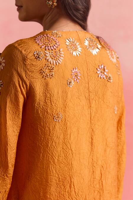 One Not Two Orange Silk, Cotton, Satin Sequins, Crystals, Buti Asymmetric Kurta And Pant Set Online at Aza Fashions One Not Two_Orange Silk, Cotton, Satin Sequins, Crystals, Buti Asymmetric Kurta And Pant Set _Online_at_Aza_Fashions