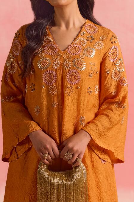 Buy One Not Two Orange Silk, Cotton, Satin Sequins, Crystals, Buti Asymmetric Kurta And Pant Set Online at Aza Fashions Buy_One Not Two_Orange Silk, Cotton, Satin Sequins, Crystals, Buti Asymmetric Kurta And Pant Set _Online_at_Aza_Fashions