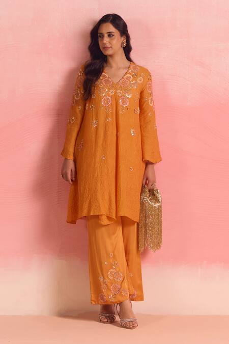 Shop One Not Two Orange Silk, Cotton, Satin Sequins, Crystals, Buti Asymmetric Kurta And Pant Set Online at Aza Fashions Shop_One Not Two_Orange Silk, Cotton, Satin Sequins, Crystals, Buti Asymmetric Kurta And Pant Set _Online_at_Aza_Fashions