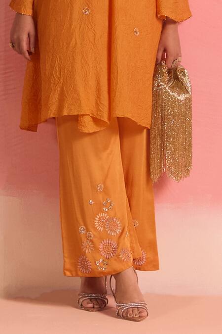 One Not Two Orange Silk, Cotton, Satin Sequins, Crystals, Buti Asymmetric Kurta And Pant Set at Aza Fashions One Not Two_Orange Silk, Cotton, Satin Sequins, Crystals, Buti Asymmetric Kurta And Pant Set _at_Aza_Fashions