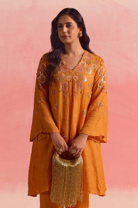 Buy One Not Two Orange Silk, Cotton, Satin Sequins, Crystals, Buti Asymmetric Kurta And Pant Set Buy_One Not Two_Orange Silk, Cotton, Satin Sequins, Crystals, Buti Asymmetric Kurta And Pant Set
