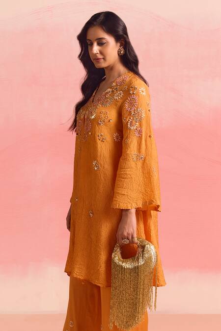 Shop One Not Two Orange Silk, Cotton, Satin Sequins, Crystals, Buti Asymmetric Kurta And Pant Set Shop_One Not Two_Orange Silk, Cotton, Satin Sequins, Crystals, Buti Asymmetric Kurta And Pant Set