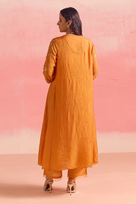 Shop One Not Two Orange Silk, Cotton Sequins, Crystals, Beads, Criss Cross Kurta And Pant Set at Aza Fashions Shop_One Not Two_Orange Silk, Cotton Sequins, Crystals, Beads, Criss Cross Kurta And Pant Set _at_Aza_Fashions