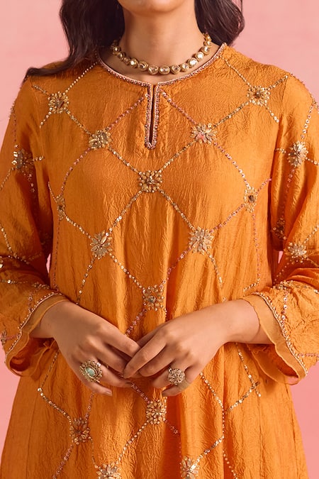 One Not Two Orange Silk, Cotton Sequins, Crystals, Beads, Criss Cross Kurta And Pant Set Online at Aza Fashions One Not Two_Orange Silk, Cotton Sequins, Crystals, Beads, Criss Cross Kurta And Pant Set _Online_at_Aza_Fashions