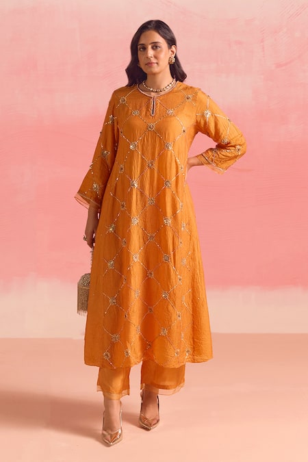 Buy One Not Two Orange Silk, Cotton Sequins, Crystals, Beads, Criss Cross Kurta And Pant Set Online at Aza Fashions Buy_One Not Two_Orange Silk, Cotton Sequins, Crystals, Beads, Criss Cross Kurta And Pant Set _Online_at_Aza_Fashions