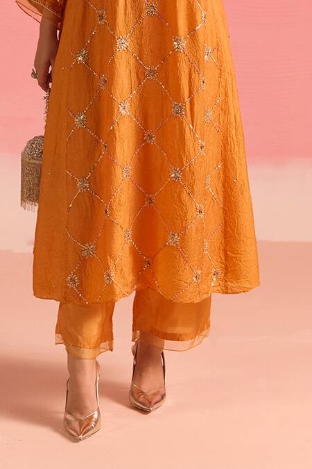 Shop One Not Two Orange Silk, Cotton Sequins, Crystals, Beads, Criss Cross Kurta And Pant Set Online at Aza Fashions Shop_One Not Two_Orange Silk, Cotton Sequins, Crystals, Beads, Criss Cross Kurta And Pant Set _Online_at_Aza_Fashions