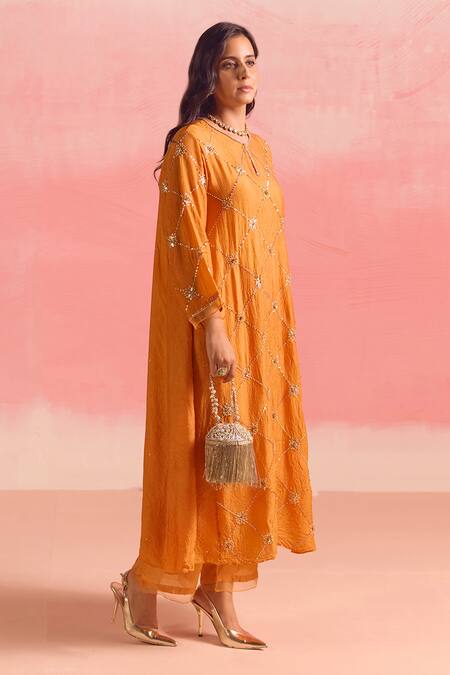 One Not Two Orange Silk, Cotton Sequins, Crystals, Beads, Criss Cross Kurta And Pant Set at Aza Fashions One Not Two_Orange Silk, Cotton Sequins, Crystals, Beads, Criss Cross Kurta And Pant Set _at_Aza_Fashions